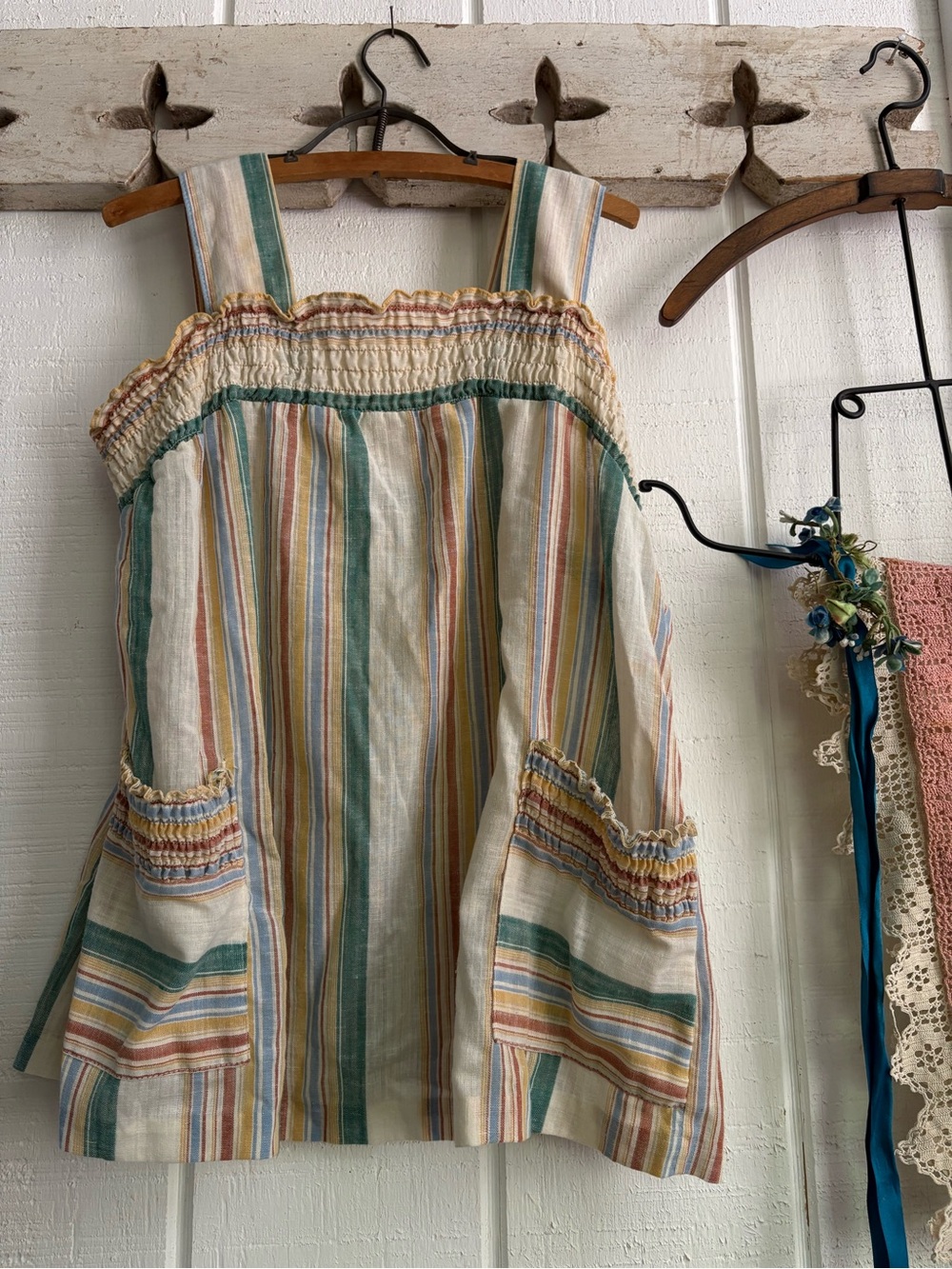 Vintage 70s Striped Smocked Pocket Tank Top - Multicolor Union Made XL